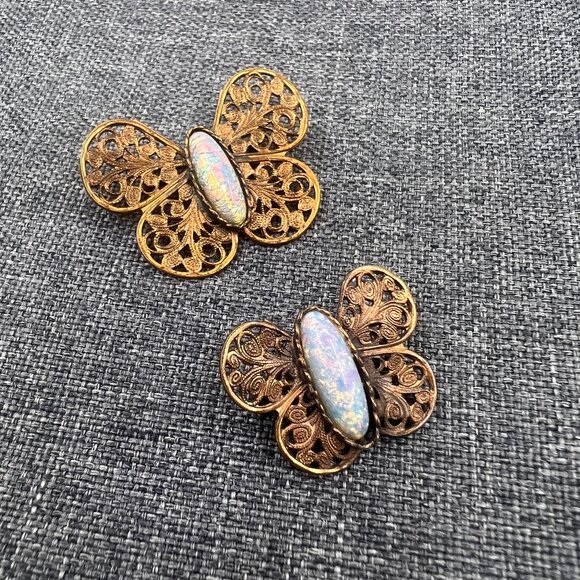 Antique Edwardian Butterfly Dragon's Breath Glass Bronze Pin Set - Picture 1 of 9